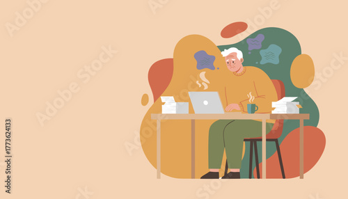 Stressed senior man working on laptop burdened by paperwork and bureaucracy