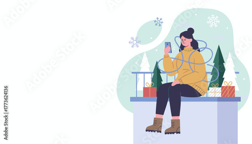 Frustrated woman dealing with a tangled digital connection issue or stressful online holiday shopping