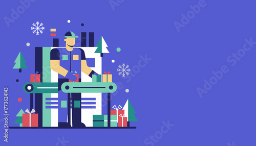 Worker prepares Christmas gifts on a conveyor belt illustrating holiday delivery and logistics process