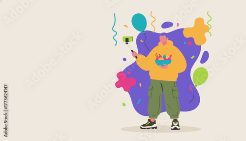 Influencer vlogging a colorful party event holding a bowl of snacks and using a selfie stick