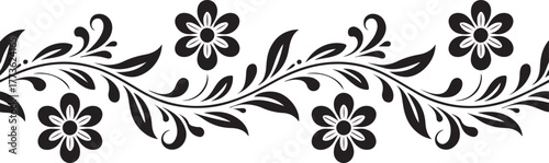 Floral Border with Blossoms and Leaves Pattern, Swirls Ornamentation, Delicate Drawing Art