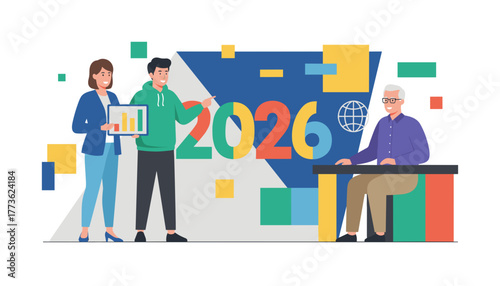 Team plans business goals for 2026 Global strategy finance and future growth concept