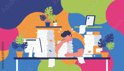 Employee suffering burnout under huge stacks of office paper Extreme workload and stress illustration