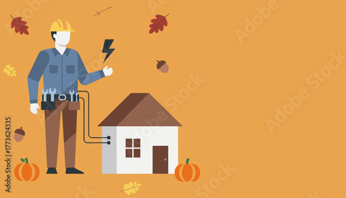 Electrician fixing home power issues during the autumn season Flat vector illustration