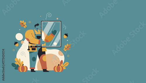 Worker handling a window surrounded by autumn leaves and pumpkins