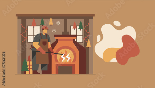Industrial artisan working at a hot furnace in a workshop decorated for winter holidays