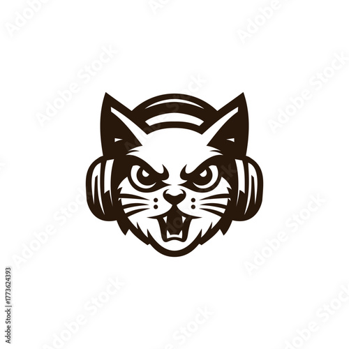 Aggressive cat mascot logo wearing headphones designed in minimalist and modern vector style