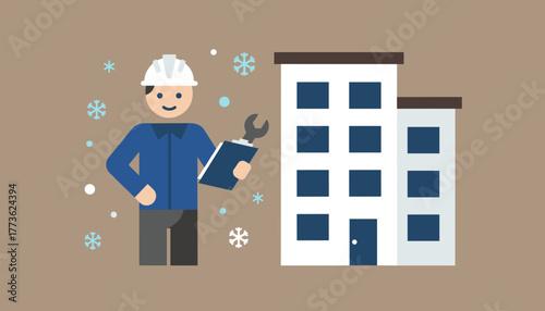 Technician with wrench and clipboard outside a building in the snow Facilities maintenance service