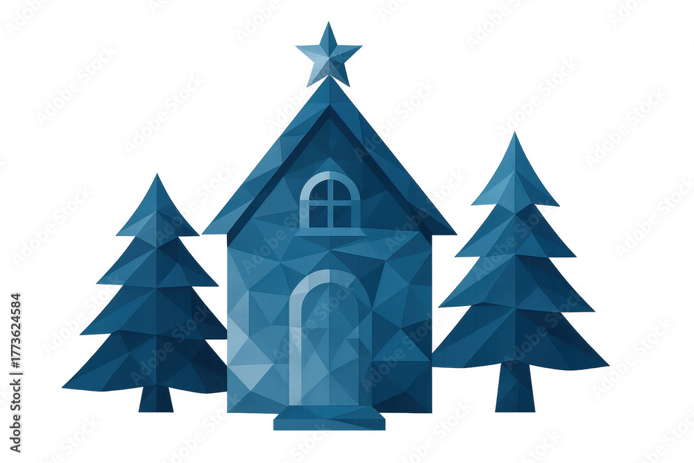 Obraz premium Low poly christmas house and pine trees with star on roof, transparent background, winter holiday season concept design