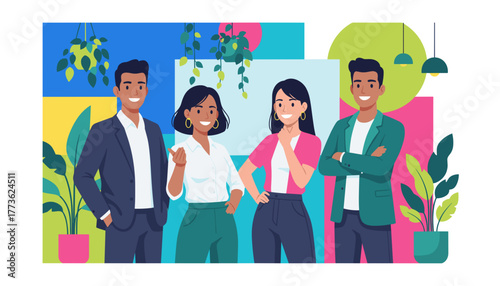 Diverse business team smiling in a modern office with bright colors and plants Collaboration concept