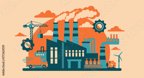 Industrial manufacturing complex illustration with factory smokestacks production line logistics and energy