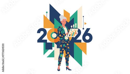 Senior businesswoman analyzes 2026 financial data and growth projection