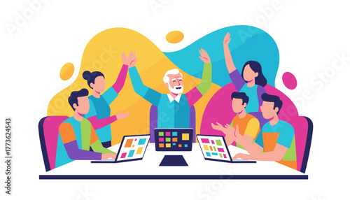 Diverse team celebrating a successful project meeting in a modern colorful office setting