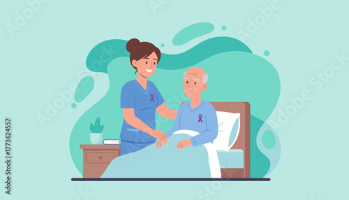 Caregiver comforts elderly patient in bed Healthcare aging support and illness awareness vector