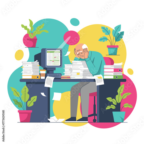 Stressed worker overwhelmed by huge stacks of paperwork and computer tasks at office desk
