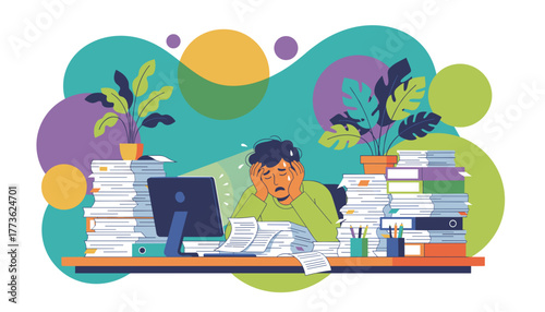 Stressed worker overwhelmed by huge pile of paperwork and deadlines at office desk