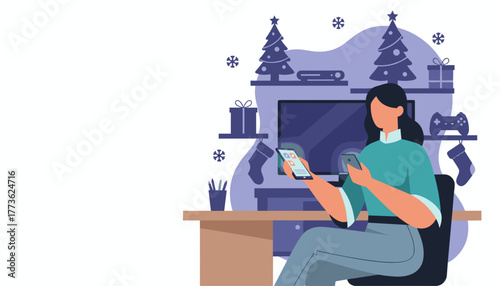 Woman uses two phones for digital shopping or work in a decorated room during Christmas holidays
