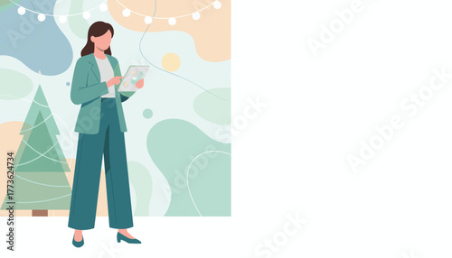 Elegant businesswoman uses tablet for holiday planning amidst festive abstract background