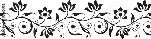 Abstract Floral Ornament Border with Swirls, Delicate Scrollwork Decoration, Floral Artwork