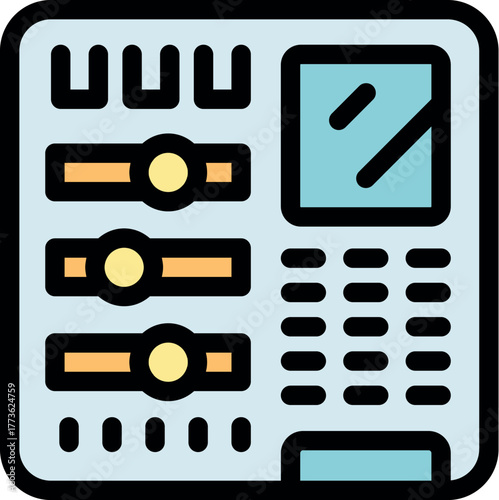 Electronic control panel with buttons, sliders, and display, providing user interface for adjusting settings and parameters