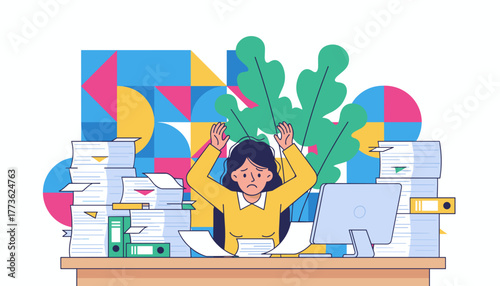 Stressed woman overwhelmed by a huge workload and paperwork at the office desk