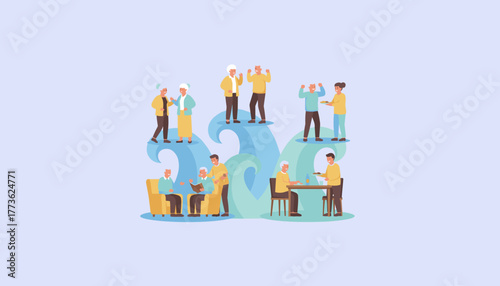 Active seniors receiving care and support Elderly lifestyle and assistance concept