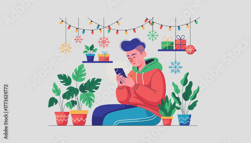 Young man using smartphone in a cozy decorated room with indoor plants and Christmas lights