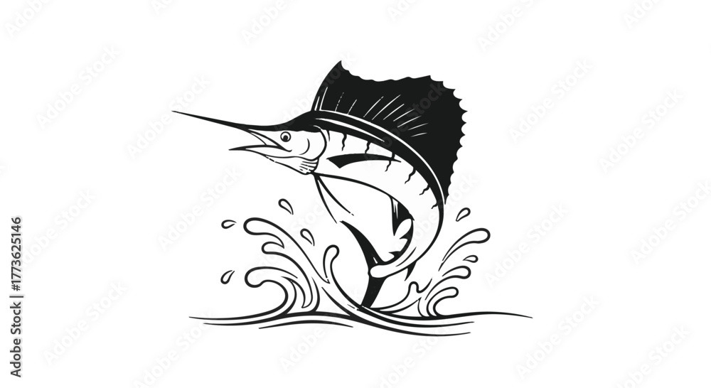 Naklejka premium Dynamic sailfish leaping from ocean waves in a powerful display of nature's energy