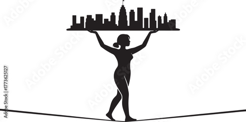 Balancing act woman silhouette carrying city on tightrope challenge urban lifestyle