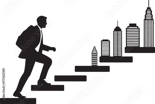 Businessman climbing city building stairs to success career advancement vector