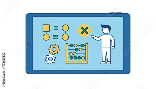 A closeup of a tablet screen displaying an animated educational module on mathematics concepts.
