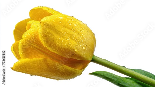 Bright yellow tulip flower with water droplets on delicate petals. Fresh spring bloom with green stem isolated on white background showing natural beauty and morning dew