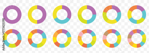 Circle division infographic icon set. Pie chart divided 3,4,5,6 equal parts. Color ring, donut round diagram. Infographic wheel segment and fraction. Circular Infographic Elements–Pie and Donut Chart.