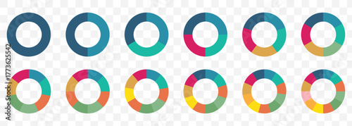 Circle division infographic icon set. Pie chart divided 3,4,5,6 equal parts. Color ring, donut round diagram. Infographic wheel segment and fraction. Circular Infographic Elements–Pie and Donut Chart.