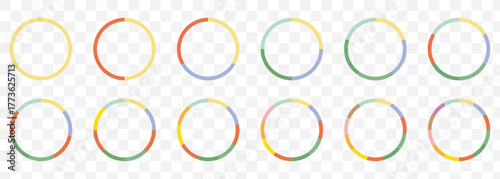 Pie charts diagram set. Circle pie charts 1,2,3,4,5,6,7,8,9,10,11,12 sections. Wheel round segment infographic part. Circle section graph. Pie charts diagrams. On Transparent Background. EPS 10.