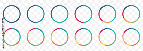 Pie chart color icons. Pie chart sign. Circle section graph. Wheel round diagram parts. Statistical Chart and Diagram Icons – Colorful Data Infographic Pack On Transparent Background. EPS 10.