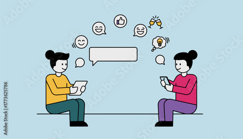 An animated scene depicting a chat between two friends where emojis pop up in response to their dialogue in realtime.