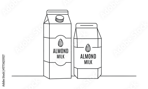 Two cartons of almond milk standing on a white surface with a simple line drawing style