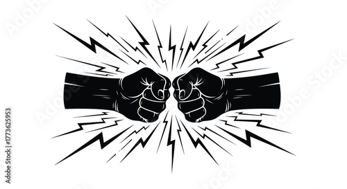 Two fists clash with energetic lightning bolts symbolizing intense confrontation and rivalry.