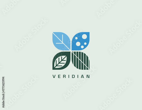 A vibrant and colorful logo showcases leaves in blue and green, symbolizing sustainability and growth, ideal for eco-friendly brands and nature-related businesses.