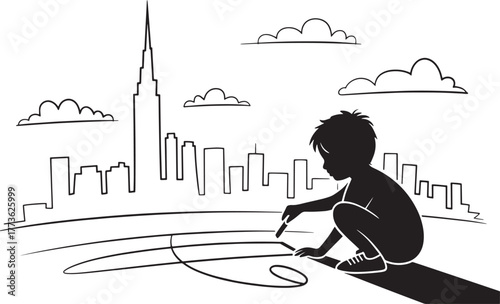Child Drawing Skyline Vector Illustration Boy Imagination City View Line Art Isolated