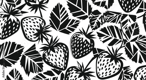 Stylized black and white strawberry pattern with leaves, perfect for summer designs.