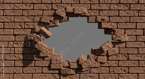 Fototapeta Naklejka Na Ścianę i Meble -  A 3D render of a brown brick wall with a large, gaping hole in the middle, showing bricks pushed inward. A concept of breakthrough, explosion, or escape.