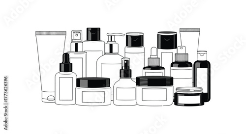 Collection of various cosmetic bottles and jars for skincare and beauty products
