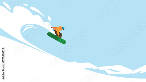 A snowboarder in an orange jacket jumping off a snowbank against a light blue sky background scene