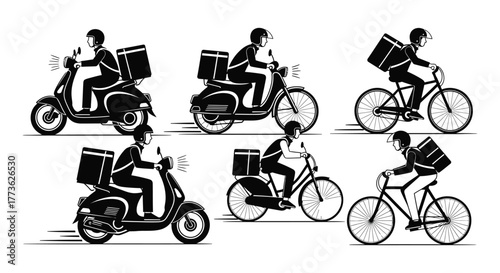 Diverse delivery people on scooters and bicycles transporting goods quickly and efficiently.