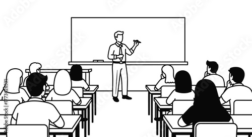 Engaged students listen attentively as a teacher presents a lesson in a bright classroom.