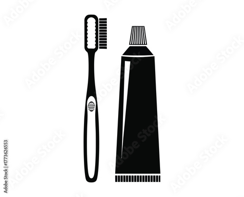 Simple black and white illustration of a toothbrush and toothpaste tube, representing dental hygiene and oral care.