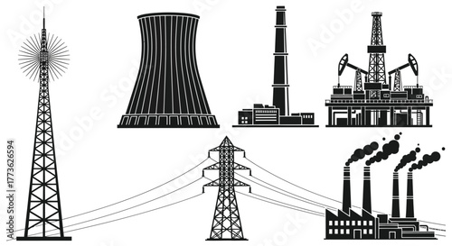 Diverse industrial structures symbolize energy production and infrastructure development.