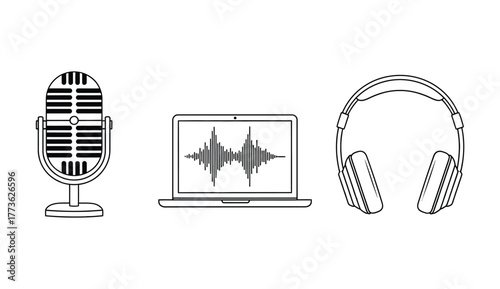 Vintage microphone, laptop with audio waveform, and headphones create a modern podcasting setup.